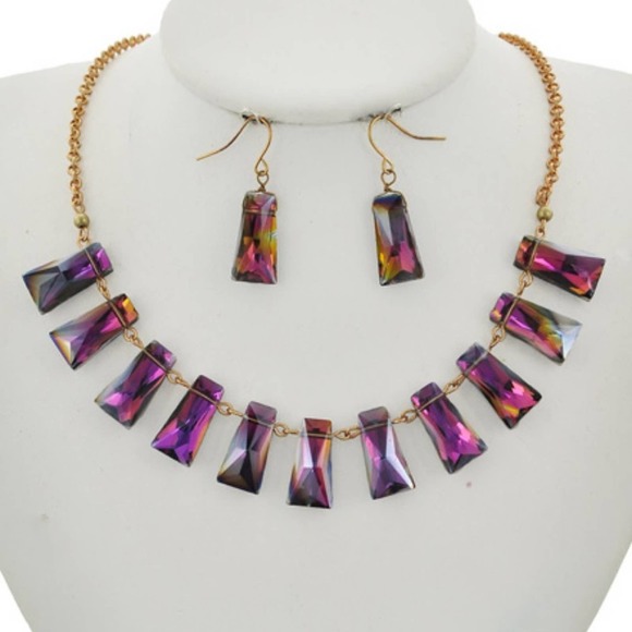 GOLD TONE & PURPLE HEMATITE NECKLACE & EARRINGS - Picture 1 of 3